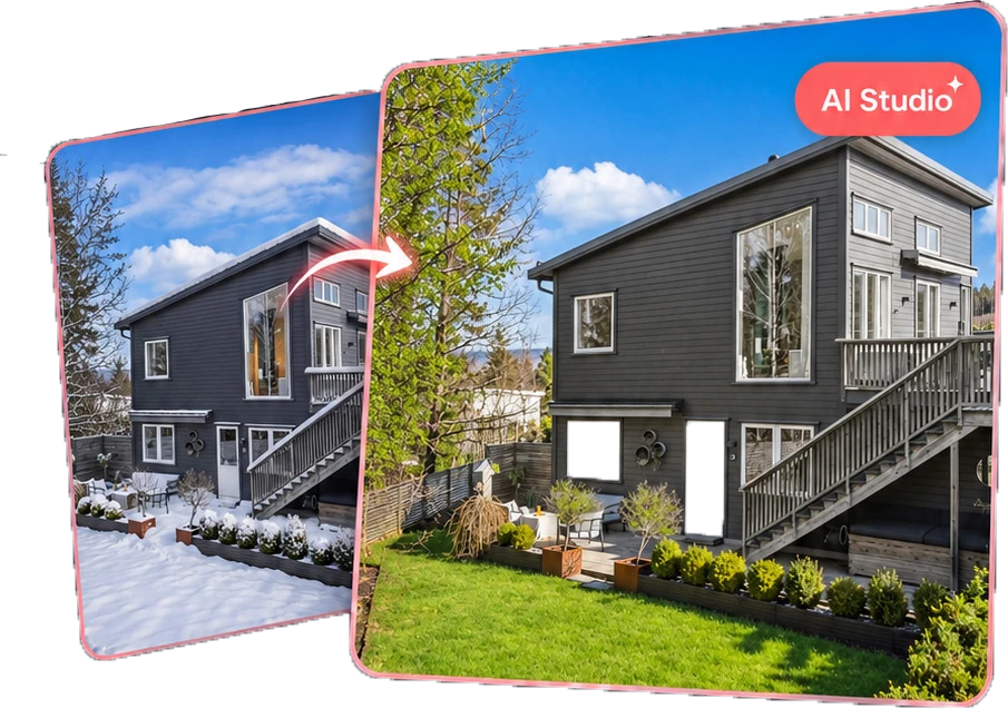 Före och efter: snötäckt trädgård blir sommargrön med AI Studio