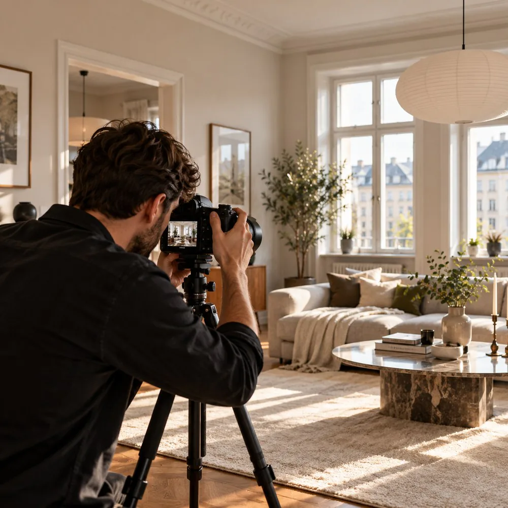 Fotograf som fotograferar ett vardagsrum med kamera på stativ