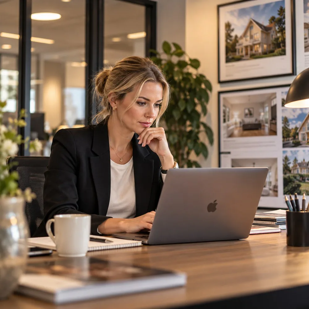 Mäklare som arbetar vid sin dator på kontoret