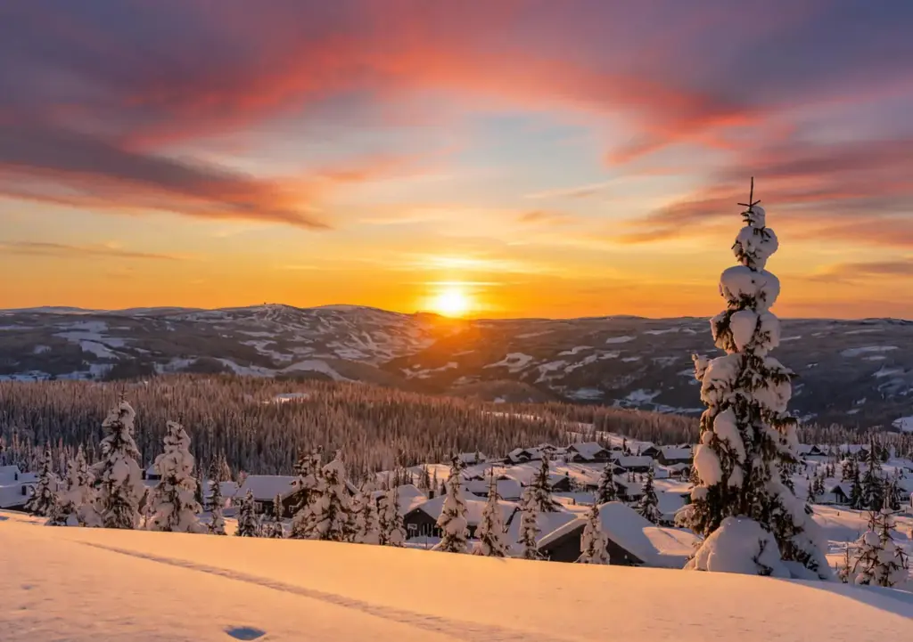 Fjällby i solnedgång